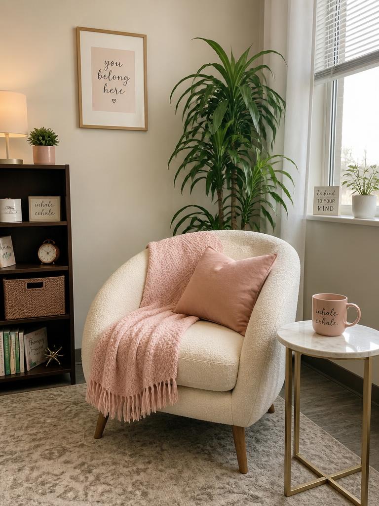 Calm therapy waiting room with a cream armchair